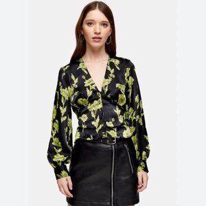 Topshop Dressy Green and Black Floral Print Blouse - Medium